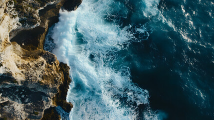 Aerial Top-Down View of Ocean Waves Crashing Against Rugged Cliffs with Dramatic Contrast