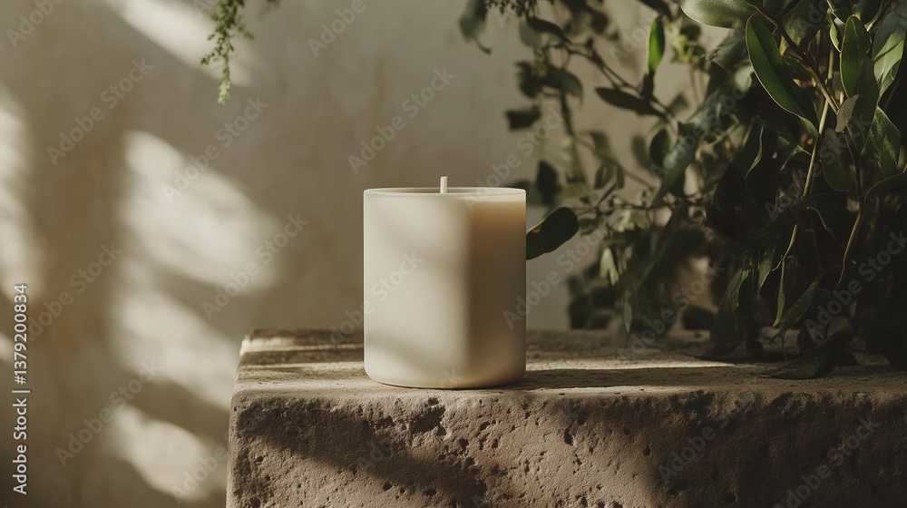 Poster warm light dances on a serene candle resting on a textured stone surface surrounded by greenery in a