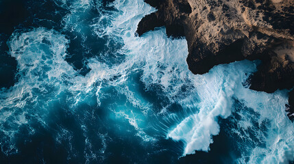 Aerial Top-Down View of Ocean Waves Crashing Against Rugged Cliffs with Dramatic Contrast