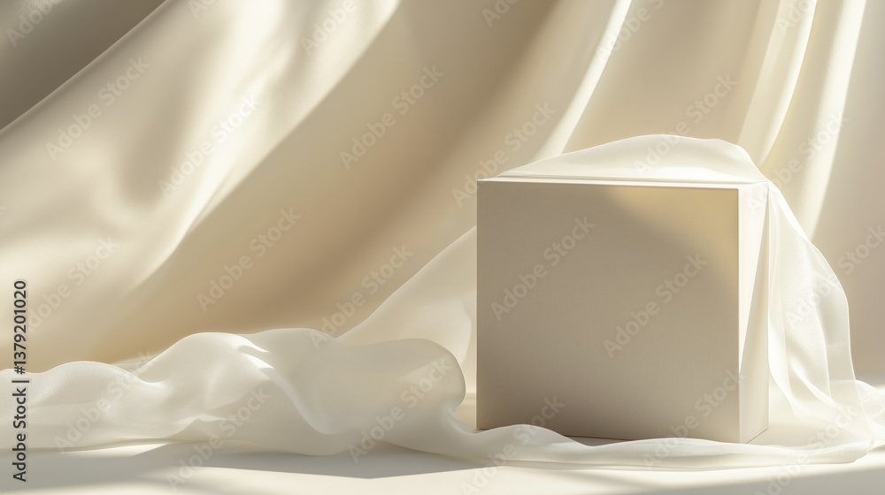 Poster minimalist square object on soft fabric backdrop showcasing elegance and simplicity in a serene sett
