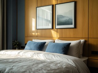 A bed with two pillows and a blanket. The pillows are blue and white. The bed is in a room with a wooden wall