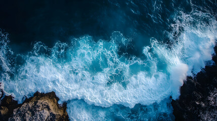 Aerial Top-Down View of Ocean Waves Crashing Against Rugged Cliffs with Dramatic Contrast