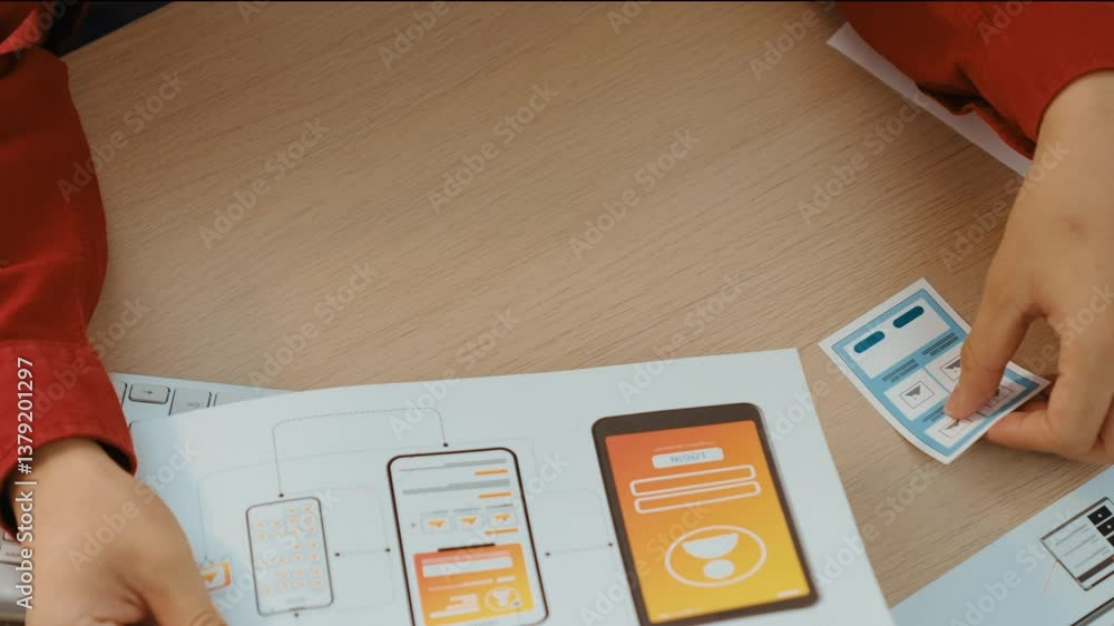 Aufkleber startup company employee planning for user interface prototype for mobile application or website in 