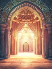 Obraz premium Ornate Hallway with Golden Light and Arched Doorways Inside Building