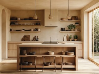 A kitchen with a wooden island and shelves. There are many bowls and plates on the shelves. A sink is in the middle of the kitchen
