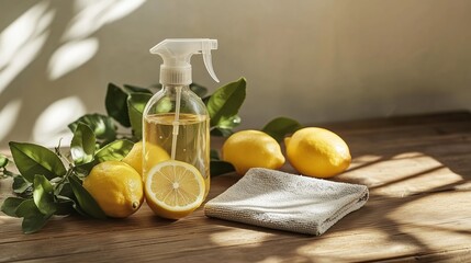 Lemon cleaning solution with fresh lemons and cloth resting on wooden table in bright, sunny setting