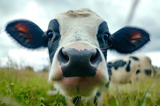 Curious cow grazing in green pasture: close-up of a dairy cow