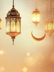 Golden Lanterns and Crescent Moon Sparkling in Festive Ramadam Ambience