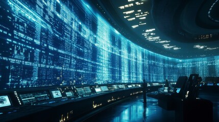 Futuristic Data Center Control Room with Streaming Digital Code on Curved Walls