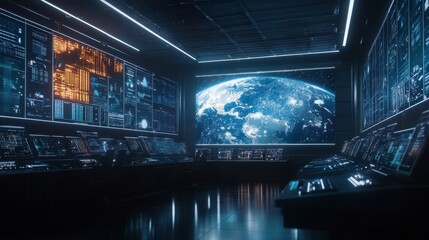 Futuristic Control Room with Global Earth View and Advanced Monitoring Systems