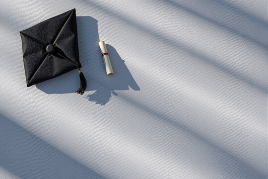 Graduation cap and diploma on a white background with shadows  