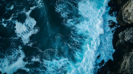 Aerial Top-Down View of Ocean Waves Crashing Against Rugged Cliffs with Dramatic Contrast