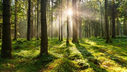 Obraz premium the sun s rays break through the trunks of pine trees onto the green forest floor