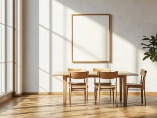 A wooden dining table with four chairs around it. A large white picture frame hangs on the wall