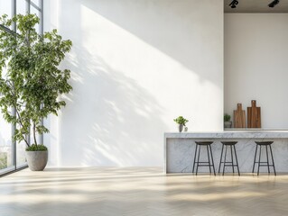 A kitchen with a counter and four stools. A potted plant is on the counter. There is a vase on the counter as well