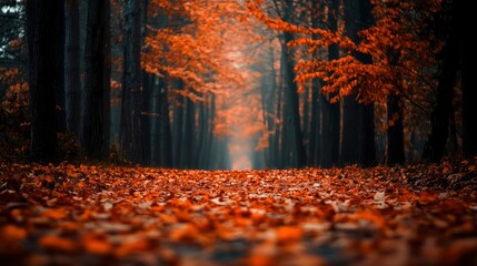 Walking Path Through Autumnal Forest Covered with Fallen Orange Leaves