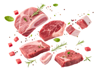 Various cuts of raw meat with herbs on a transparent background