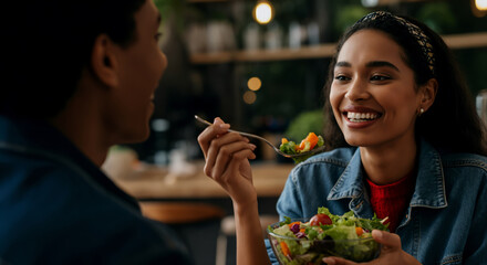 Hispanic female young adults enjoying salad and conversation in cozy cafe