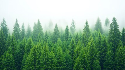 Obraz premium Dense evergreen forest shrouded in mist, creating a serene and mysterious atmosphere.