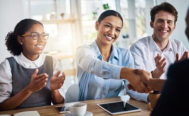 Business people, shaking hands or meeting for promotion approval, partnership or collaboration agreement. Handshake, applause or colleagues in office for team feedback, funding or praise together