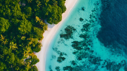 Aerial Drone Shot of Tropical Island with Turquoise Waters, White Sand Beaches, and Coral Reef