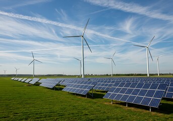A sprawling field of solar panels and wind turbines harnessing nature's energy under a bright, sunny sky.