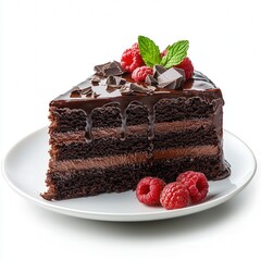 Decadent chocolate layered cake slice with fresh berries and ganache drizzles enjoyed in a delightful setting
