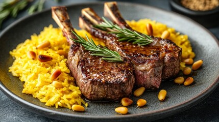 Grilled Lamb Chops with Saffron Rice and Pine Nuts