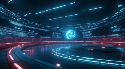 Futuristic Control Room with Global Data Visualization and Holographic Earth