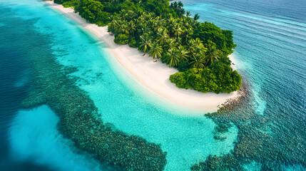 Aerial Drone Shot of Tropical Island with Turquoise Waters, White Sand Beaches, and Coral Reef