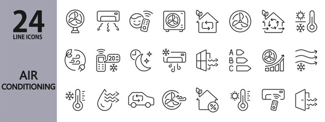 Air Conditioning line icons set with Temperature, Conditioner, Fan, Ventilation, Cooling, Heating and more. Editable Stroke