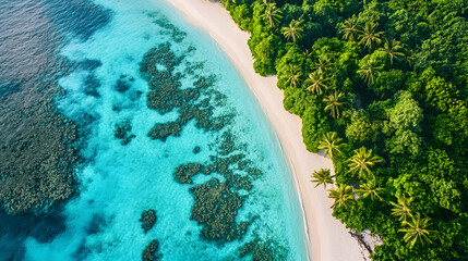 Aerial Drone Shot of Tropical Island with Turquoise Waters, White Sand Beaches, and Coral Reef
