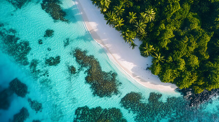 Aerial Drone Shot of Tropical Island with Turquoise Waters, White Sand Beaches, and Coral Reef