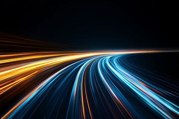 Dynamic Neon Light Trails in Blue and Gold – Abstract Speed and Data Flow on Dark Background