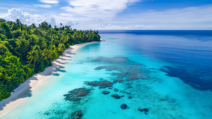 Aerial Drone Shot of Tropical Island with Turquoise Waters, White Sand Beaches, and Coral Reef