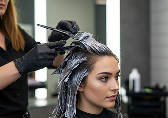 Una joven que se ti&ntilde;e el pelo en un sal&oacute;n de belleza.