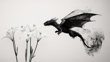 Obraz premium A hand-drawn dragon with outstretched wings glides through a dreamlike scene, where flowing sheet music intertwines with delicate floral designs in a beautifully detailed pencil sketch.