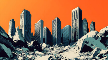 A city skyline collapses in a powerful digital illustration depicting earthquake devastation with towering skyscrapers crumbling and debris scattering creating a post-apocalyptic disaster scene