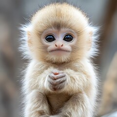 Innocent baby monkey staring curiously forward high resolution picture