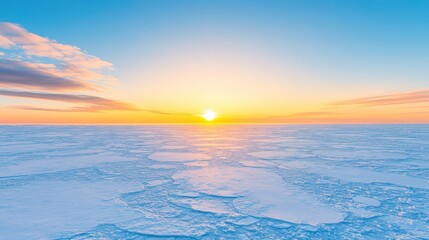 Obraz premium Vibrant sunrise over a frozen landscape, casting warm light on icy textures and a serene atmosphere.