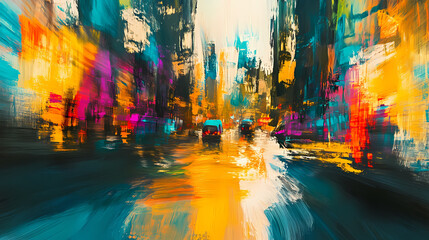 Panoramic cityscape, vibrant brush strokes capturing cryptocurrency market fluctuations, surrealist twists and dynamic colors, lively energy. Shadowed Echo. Illustration