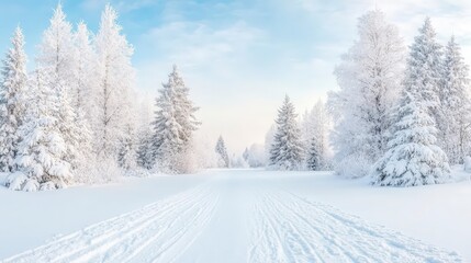 Fototapeta premium Snow-covered landscape with tall trees under a blue sky, creating a serene winter scene.