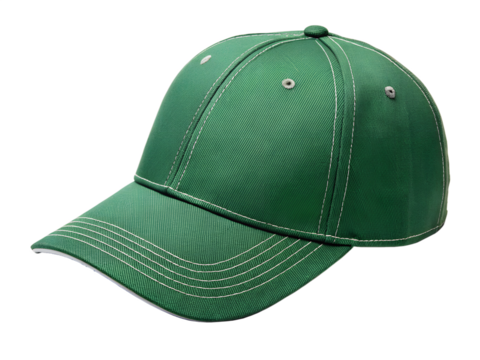 Green baseball cap with a simple design on a transparent background