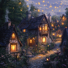 Magical cottages with glowing windows at night surrounded by fireflies and enchanted forest scenery
