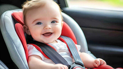 Happy baby smiling while safely seated in a car seat with red padding inside a moving vehicle during daytime

