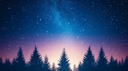 Naklejka premium Starry night sky over silhouetted trees with a gradient of blue and purple hues.
