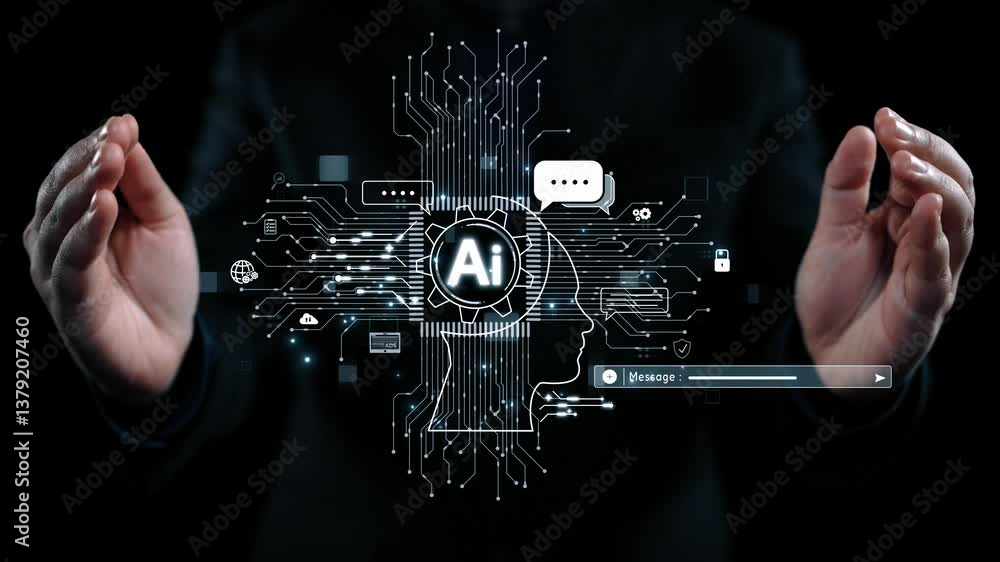 Poster human interact with ai artificial intelligence brain processor in concept of ai artificial intellige