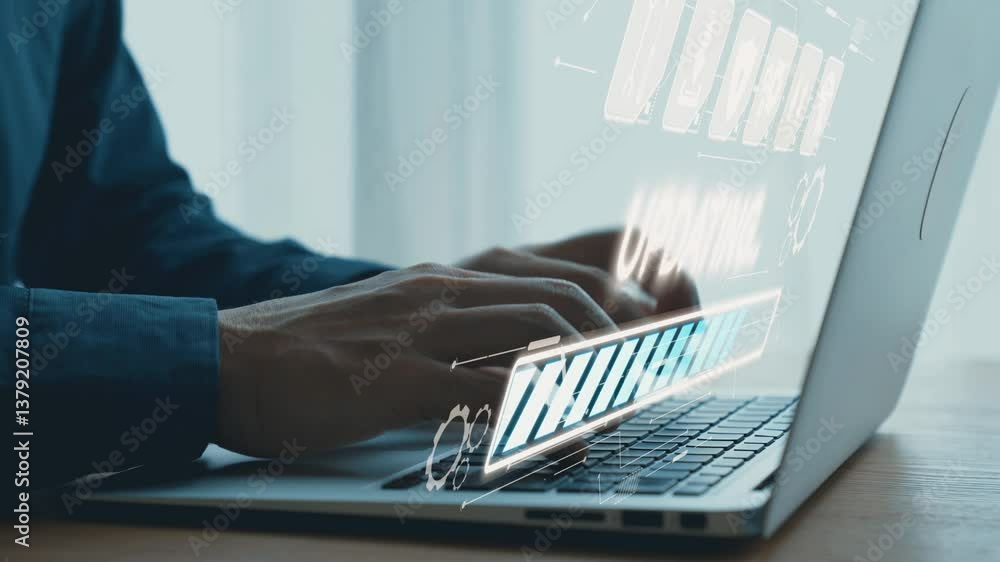 Poster hands typing on a laptop keyboard with a digital update progress bar overlay, symbolizing technology