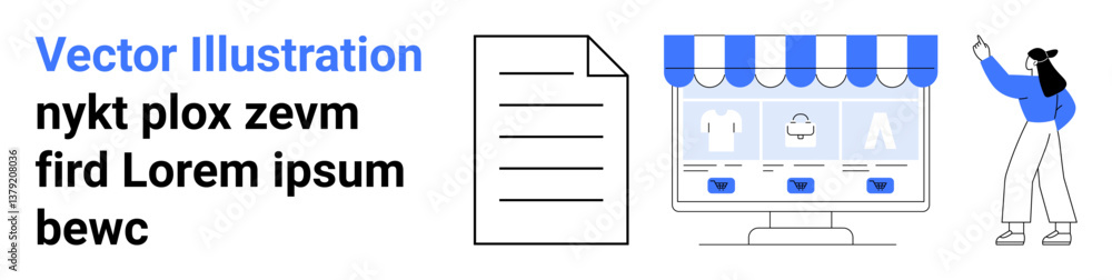 Poster computer displaying a shopping interface, paper document, and person gesturing toward digital conten
