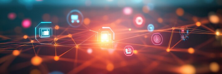 Tech icons interconnected through glowing lines on a gradient backdrop representing a digital web of communication and innovation across various fields